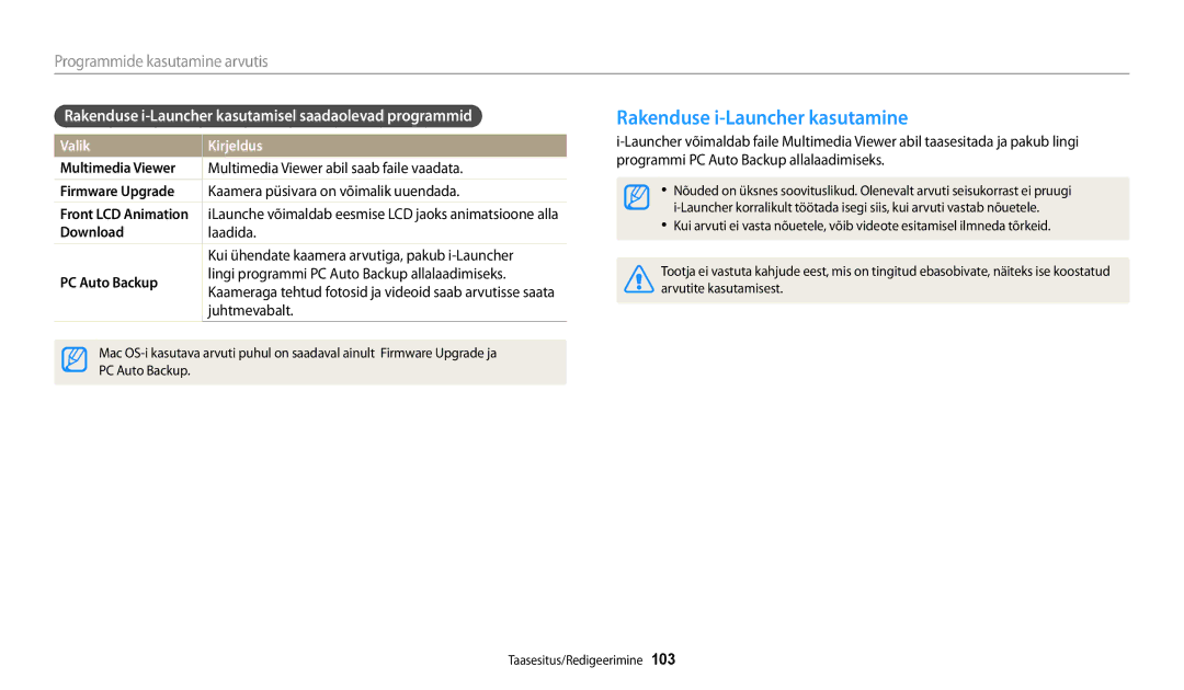 Samsung EC-DV150FBPWE2, EC-DV150FBPBE2 manual Rakenduse i-Launcher kasutamine, Programmide kasutamine arvutis 