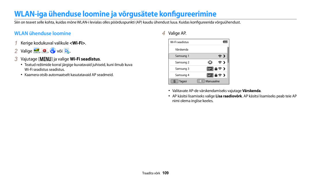 Samsung EC-DV150FBPWE2 manual WLAN-iga ühenduse loomine ja võrgusätete konfigureerimine, Wlan ühenduse loomine, Valige AP 