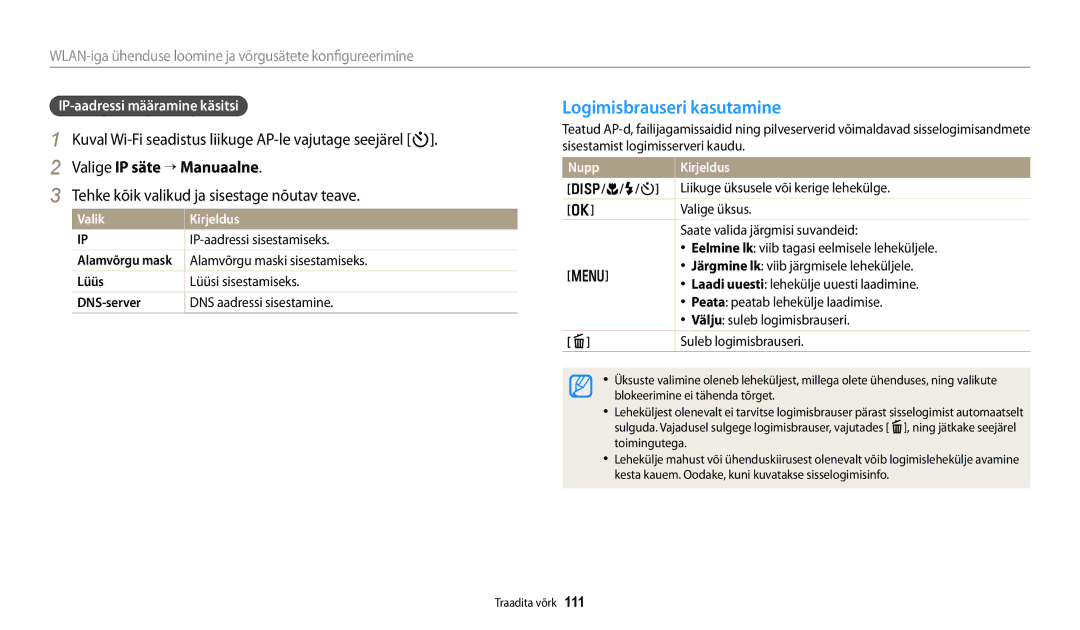 Samsung EC-DV150FBPWE2 manual Logimisbrauseri kasutamine, Valige IP säte → Manuaalne, IP-aadressi määramine käsitsi 