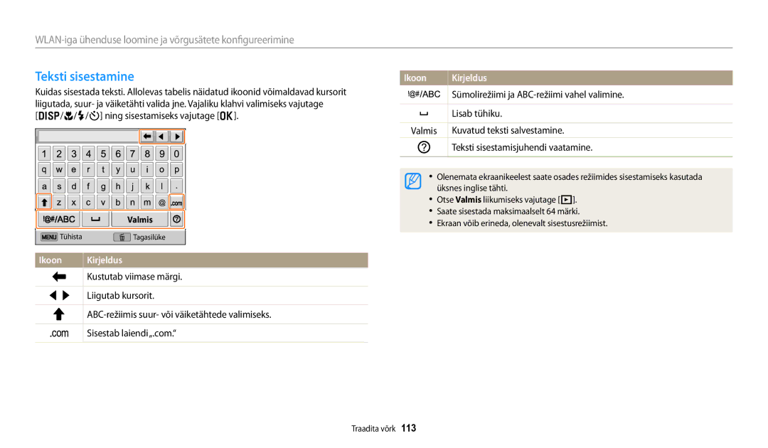 Samsung EC-DV150FBPWE2, EC-DV150FBPBE2 manual Teksti sisestamine, Sümolirežiimi ja ABC-režiimi vahel valimine, Lisab tühiku 