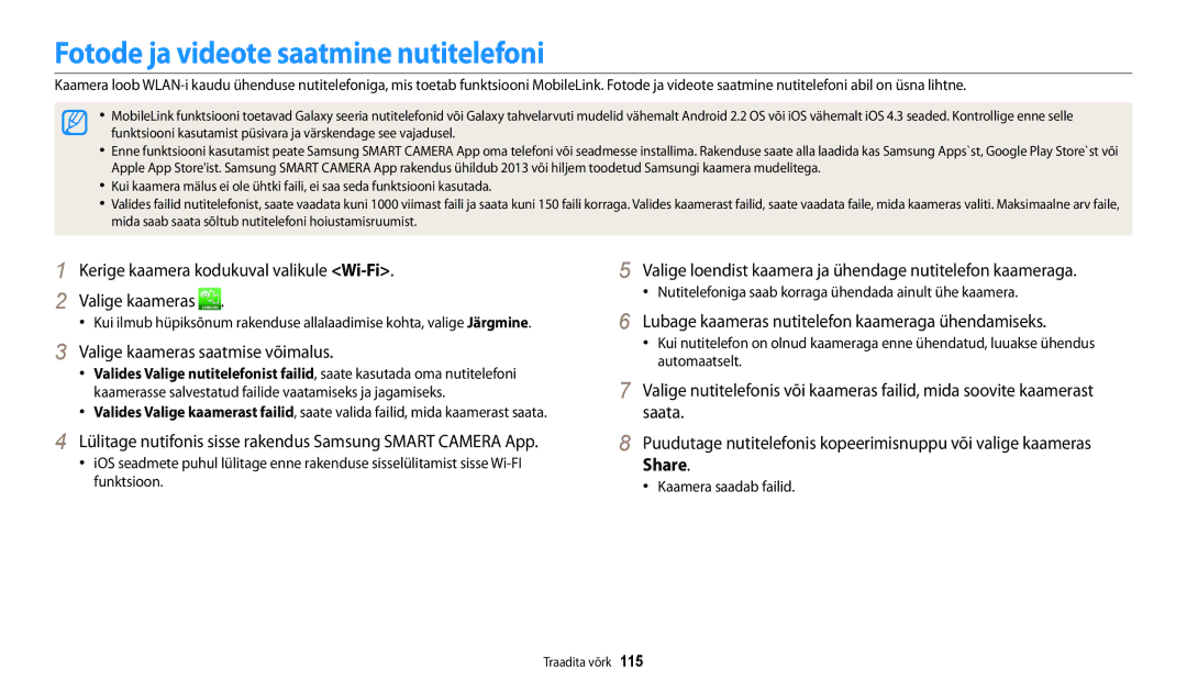 Samsung EC-DV150FBPWE2 Fotode ja videote saatmine nutitelefoni, Kerige kaamera kodukuval valikule Wi-Fi Valige kaameras 