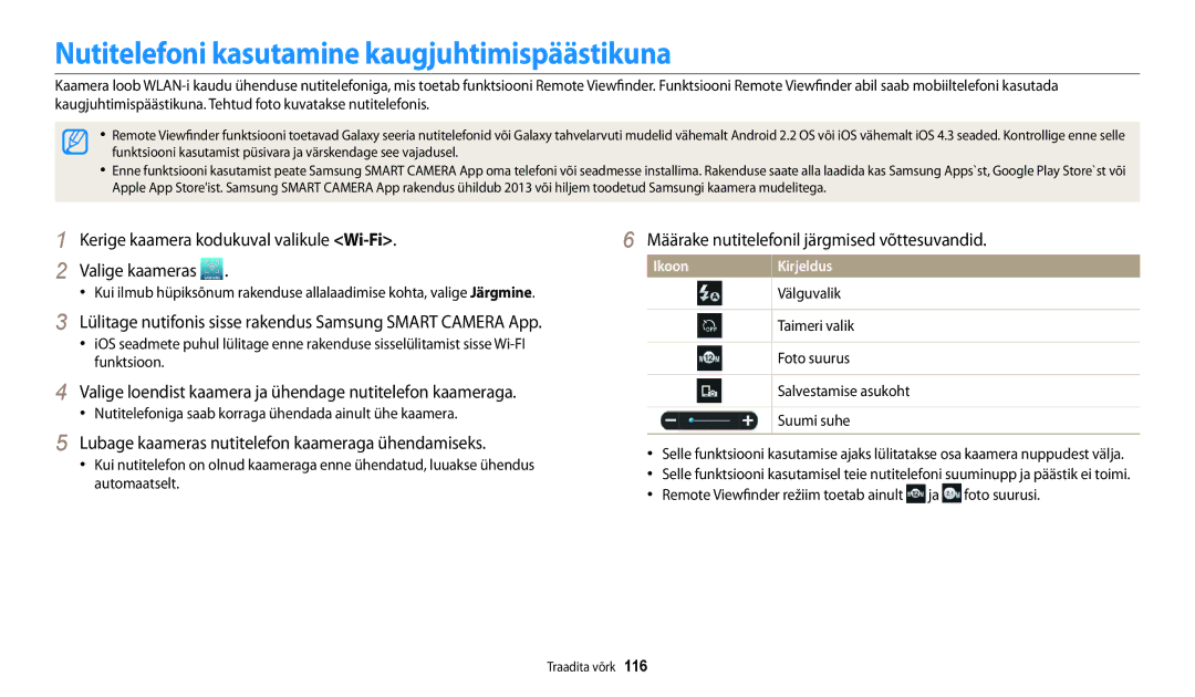 Samsung EC-DV150FBPBE2 manual Nutitelefoni kasutamine kaugjuhtimispäästikuna, Määrake nutitelefonil järgmised võttesuvandid 