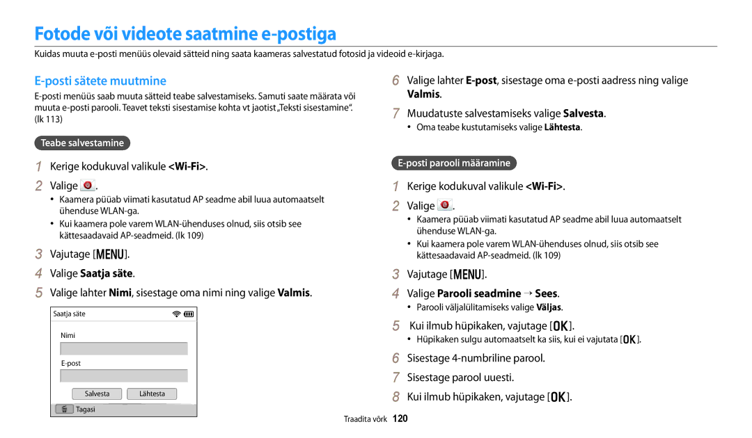 Samsung EC-DV150FBPBE2, EC-DV150FBPWE2 Fotode või videote saatmine e-postiga, Posti sätete muutmine, Valige Saatja säte 