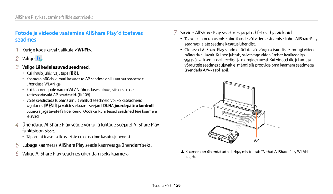 Samsung EC-DV150FBPBE2, EC-DV150FBPWE2 manual Valige Lähedalasuvad seadmed, AllShare Play kasutamine failide saatmiseks 