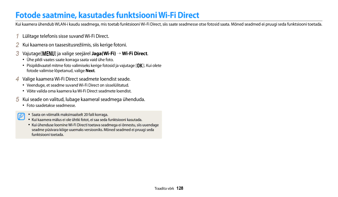 Samsung EC-DV150FBPBE2 Fotode saatmine, kasutades funktsiooni Wi-Fi Direct, Lülitage telefonis sisse suvand Wi-Fi Direct 