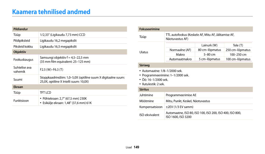 Samsung EC-DV150FBPWE2, EC-DV150FBPBE2 manual Kaamera tehnilised andmed 