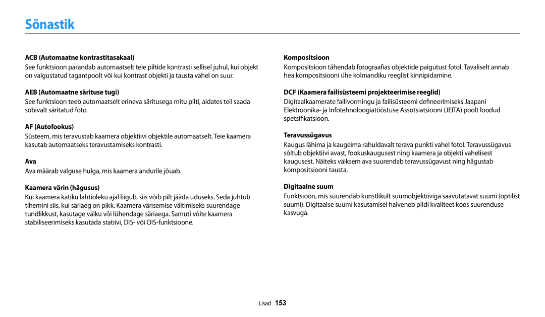 Samsung EC-DV150FBPWE2, EC-DV150FBPBE2 manual Sõnastik 