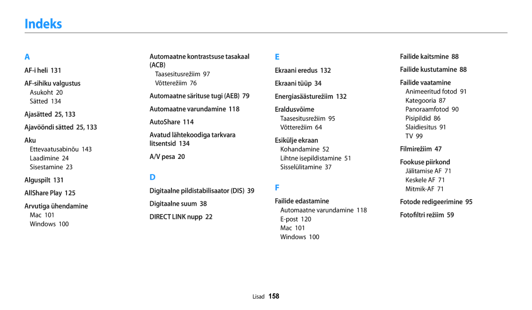 Samsung EC-DV150FBPBE2, EC-DV150FBPWE2 manual Indeks 