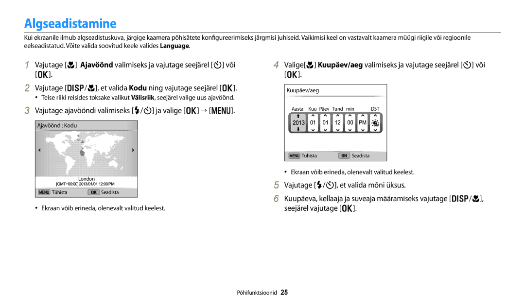 Samsung EC-DV150FBPWE2, EC-DV150FBPBE2 manual Algseadistamine, Vajutage ajavööndi valimiseks F/t ja valige o → m 