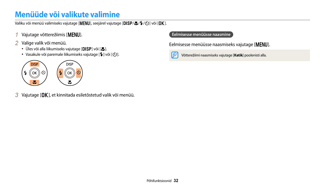 Samsung EC-DV150FBPBE2, EC-DV150FBPWE2 manual Menüüde või valikute valimine, Vajutage võtterežiimis m Valige valik või menüü 