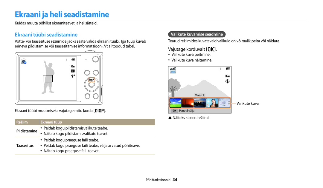 Samsung EC-DV150FBPBE2 manual Ekraani ja heli seadistamine, Ekraani tüübi seadistamine, Vajutage korduvalt o, Režiim 