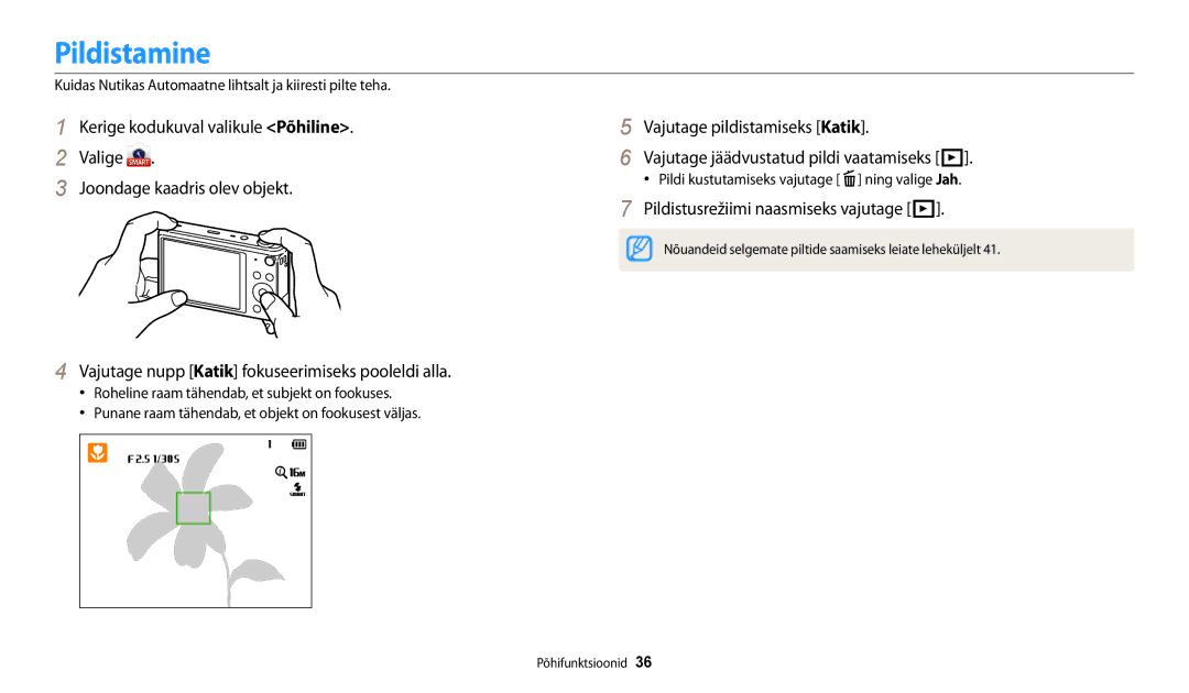 Samsung EC-DV150FBPBE2, EC-DV150FBPWE2 manual Pildistamine, Pildistusrežiimi naasmiseks vajutage P 