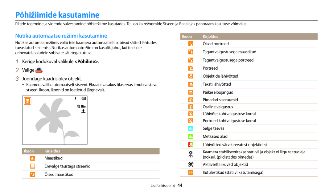 Samsung EC-DV150FBPBE2, EC-DV150FBPWE2 manual Põhižiimide kasutamine, Nutika automaatse režiimi kasutamine 