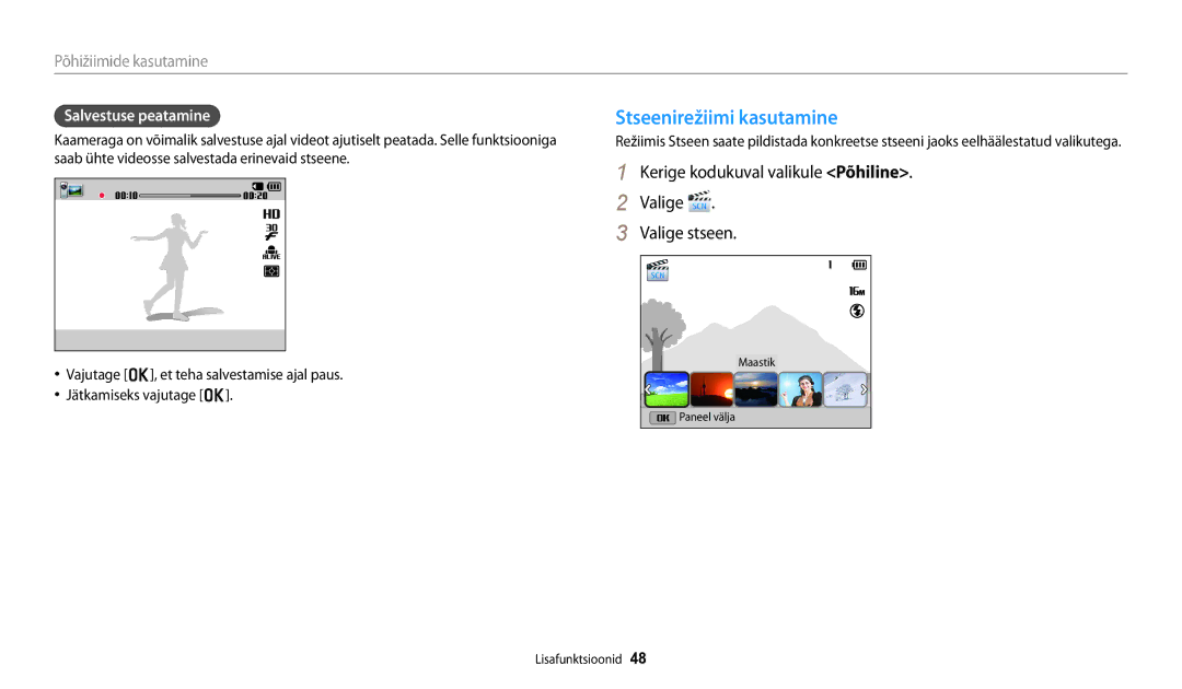 Samsung EC-DV150FBPBE2, EC-DV150FBPWE2 Stseenirežiimi kasutamine, Kerige kodukuval valikule Põhiline Valige Valige stseen 