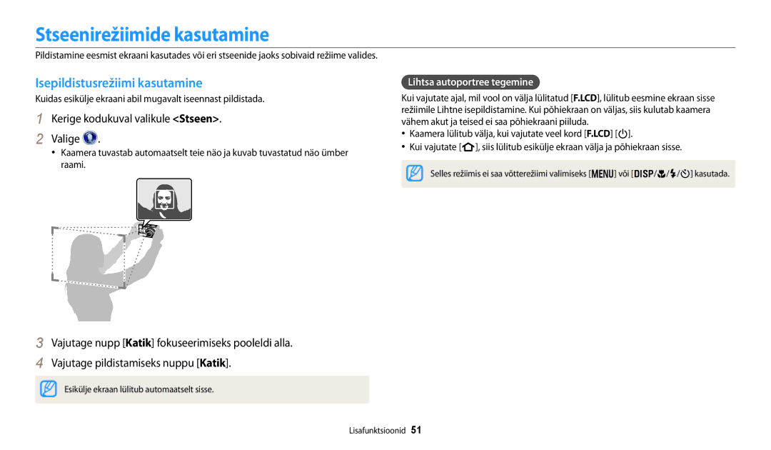 Samsung EC-DV150FBPWE2 manual Stseenirežiimide kasutamine, Isepildistusrežiimi kasutamine, Lihtsa autoportree tegemine 