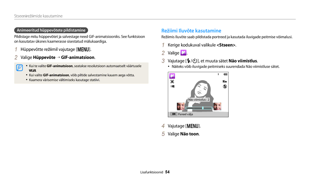 Samsung EC-DV150FBPBE2 Režiimi Iluvõte kasutamine, Hüppevõtte režiimil vajutage m, Valige Hüppevõte → GIF-animatsioon 