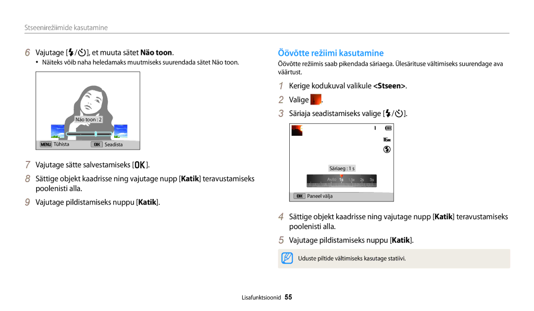 Samsung EC-DV150FBPWE2, EC-DV150FBPBE2 manual Öövõtte režiimi kasutamine, Vajutage F/t, et muuta sätet Näo toon 