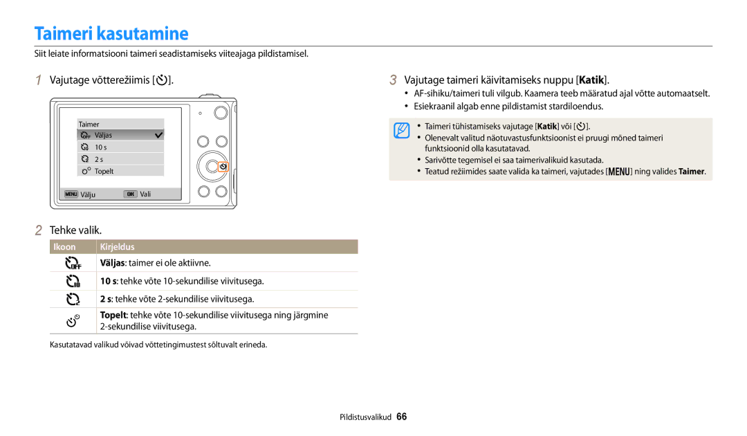 Samsung EC-DV150FBPBE2 manual Taimeri kasutamine, Vajutage võtterežiimis t, Vajutage taimeri käivitamiseks nuppu Katik 