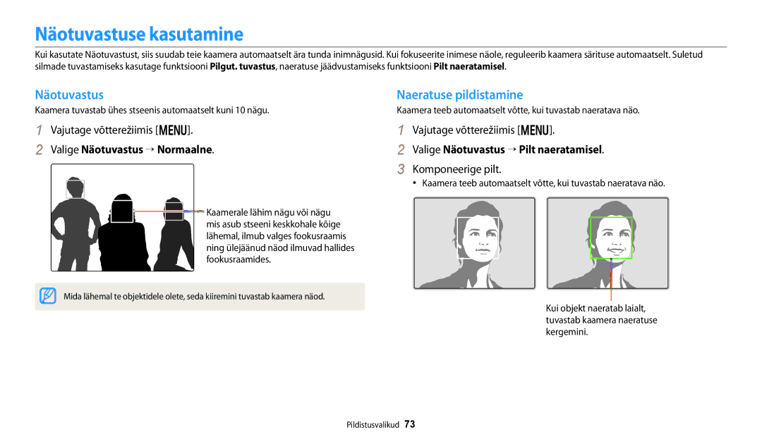 Samsung EC-DV150FBPWE2, EC-DV150FBPBE2 Näotuvastuse kasutamine, Naeratuse pildistamine, Valige Näotuvastus → Normaalne 