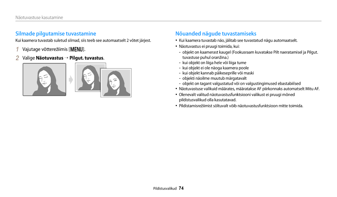 Samsung EC-DV150FBPBE2 manual Silmade pilgutamise tuvastamine, Nõuanded nägude tuvastamiseks, Näotuvastuse kasutamine 