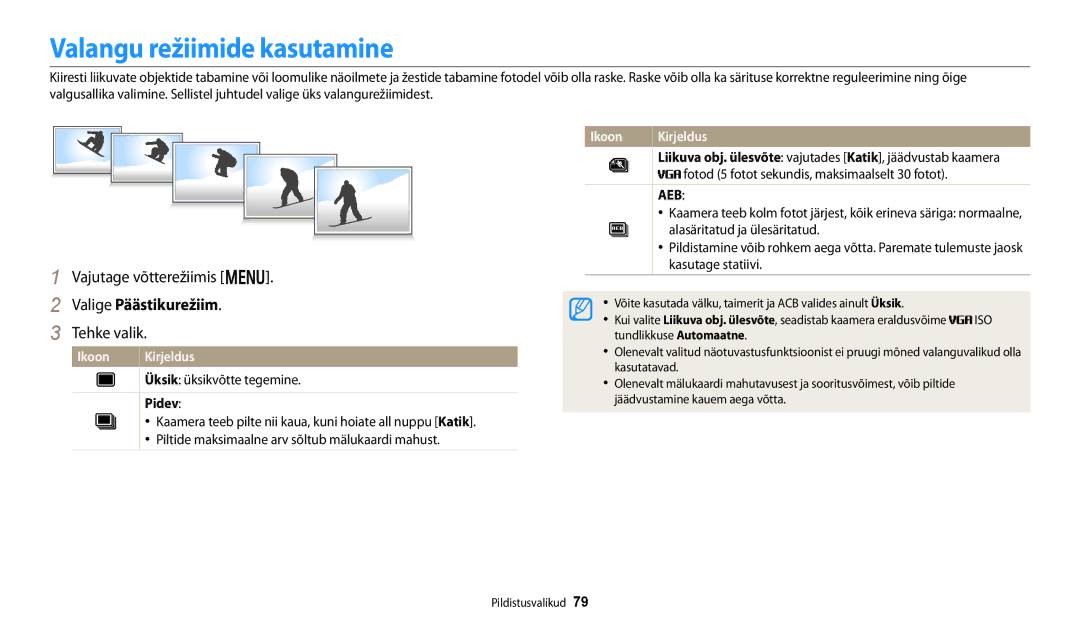 Samsung EC-DV150FBPWE2, EC-DV150FBPBE2 manual Valangu režiimide kasutamine, Valige Päästikurežiim, Pidev 