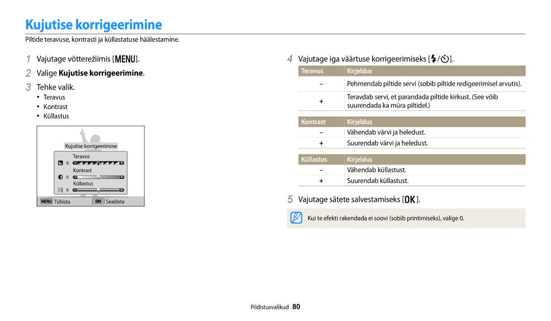 Samsung EC-DV150FBPBE2, EC-DV150FBPWE2 manual Valige Kujutise korrigeerimine, Vajutage iga väärtuse korrigeerimiseks F/t 