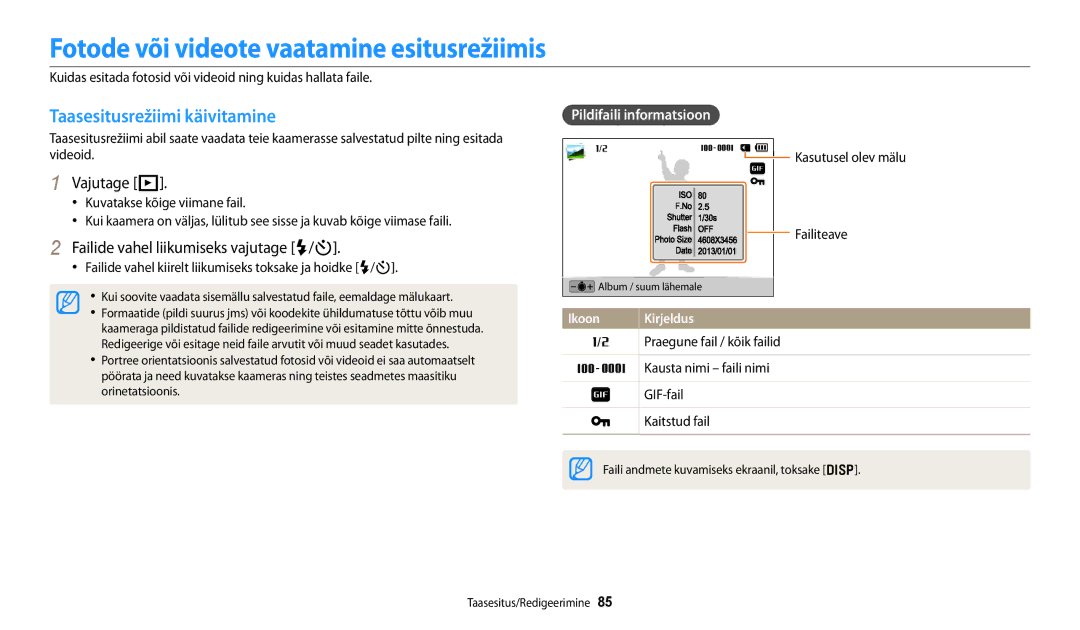 Samsung EC-DV150FBPWE2 manual Fotode või videote vaatamine esitusrežiimis, Taasesitusrežiimi käivitamine, Vajutage P 