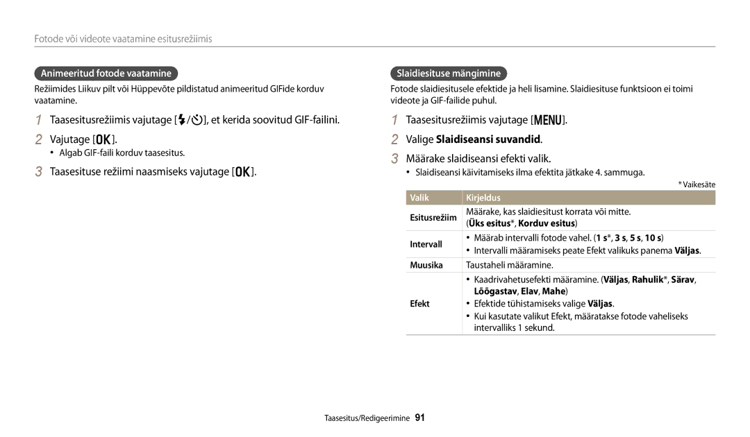 Samsung EC-DV150FBPWE2 Taasesituse režiimi naasmiseks vajutage o, Valige Slaidiseansi suvandid, Slaidiesituse mängimine 