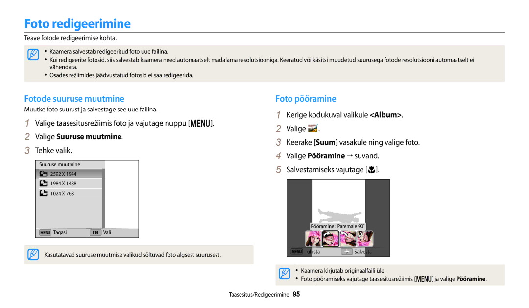 Samsung EC-DV150FBPWE2 Foto redigeerimine, Fotode suuruse muutmine, Valige taasesitusrežiimis foto ja vajutage nuppu m 