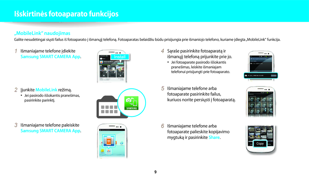 Samsung EC-DV150FBPWE2, EC-DV150FBPBE2 manual „MobileLink naudojimas, Įjunkite MobileLink režimą 