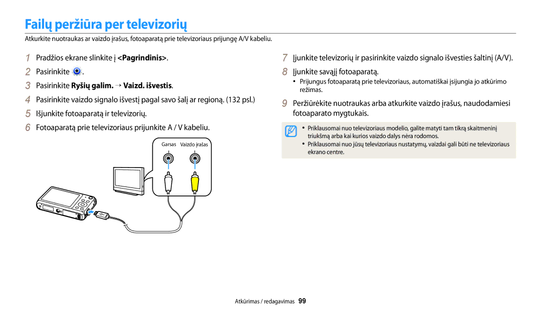 Samsung EC-DV150FBPWE2, EC-DV150FBPBE2 manual Failų peržiūra per televizorių, Pasirinkite Ryšių galim. → Vaizd. išvestis 