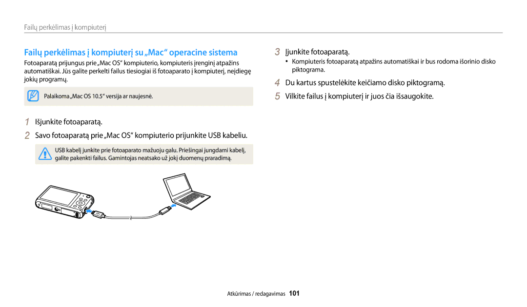 Samsung EC-DV150FBPWE2, EC-DV150FBPBE2 manual Failų perkėlimas į kompiuterį su„Mac operacine sistema, Išjunkite fotoaparatą 