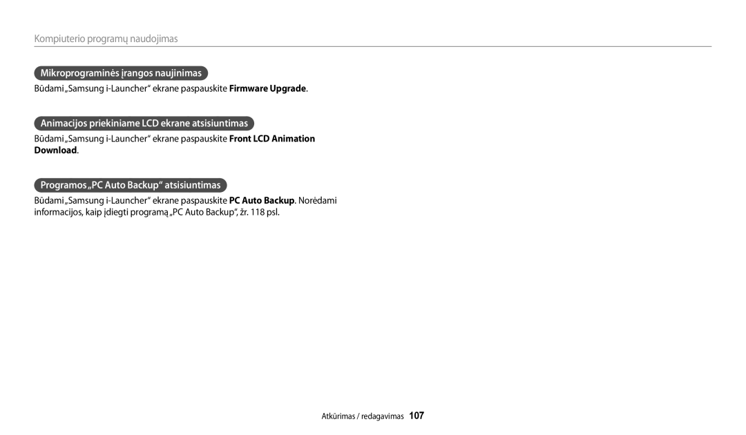 Samsung EC-DV150FBPWE2 manual Mikroprograminės įrangos naujinimas, Animacijos priekiniame LCD ekrane atsisiuntimas 