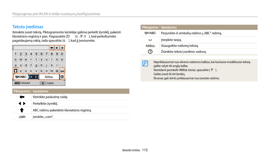 Samsung EC-DV150FBPWE2, EC-DV150FBPBE2 manual Teksto įvedimas, Perjunkite iš simbolių režimo į„ABC režimą, Įterpkite tarpą 