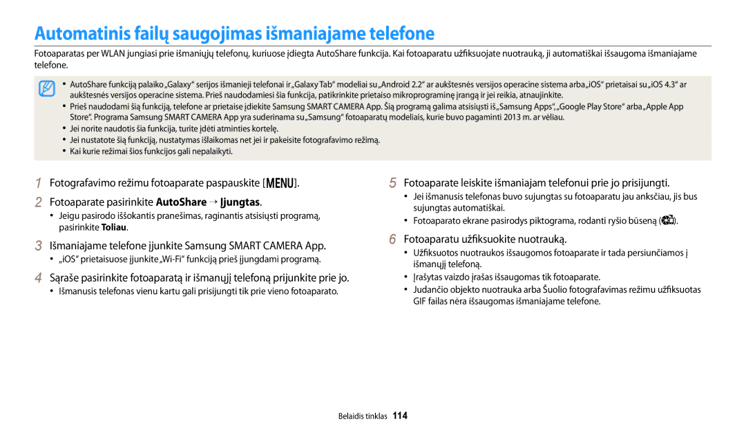 Samsung EC-DV150FBPBE2 manual Automatinis failų saugojimas išmaniajame telefone, Fotoaparatu užfiksuokite nuotrauką 