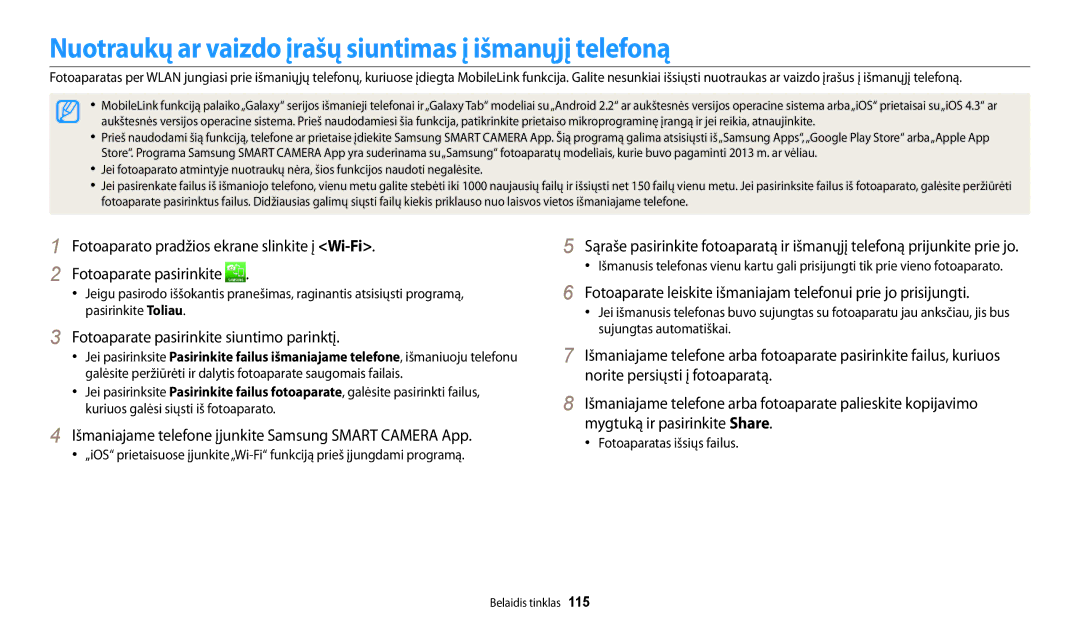 Samsung EC-DV150FBPWE2 Nuotraukų ar vaizdo įrašų siuntimas į išmanųjį telefoną, Fotoaparate pasirinkite siuntimo parinktį 