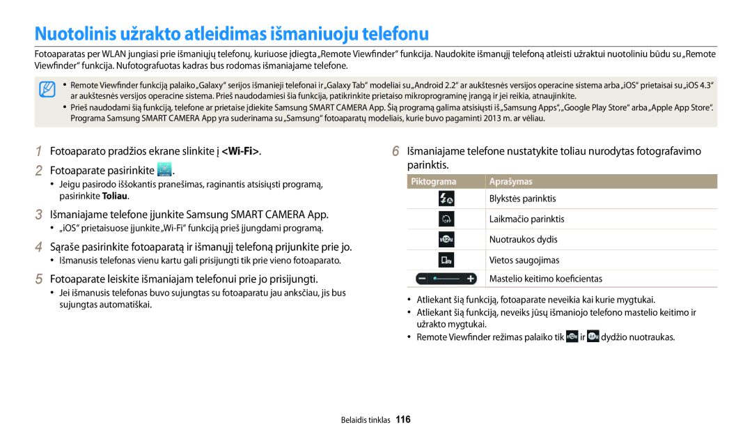 Samsung EC-DV150FBPBE2 manual Nuotolinis užrakto atleidimas išmaniuoju telefonu, Blykstės parinktis, Laikmačio parinktis 