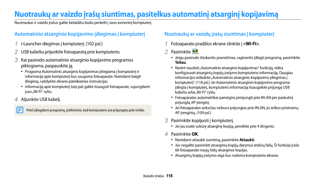 Samsung EC-DV150FBPBE2 manual Automatinio atsarginio kopijavimo įdiegimas į kompiuterį, Pasirinkite kopijuoti į kompiuterį 