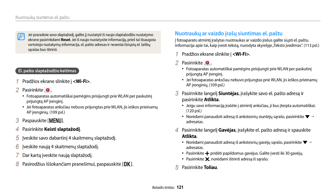 Samsung EC-DV150FBPWE2 manual Nuotraukų ar vaizdo įrašų siuntimas el. paštu, Pasirinkite Keisti slaptažodį, Atlikta 