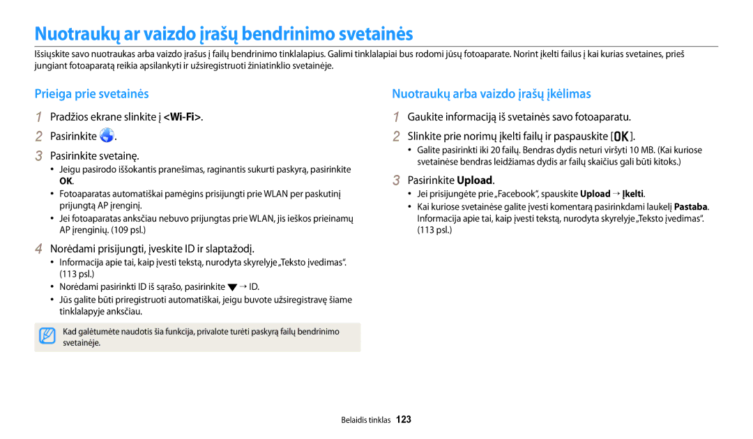 Samsung EC-DV150FBPWE2 manual Nuotraukų ar vaizdo įrašų bendrinimo svetainės, Prieiga prie svetainės, Pasirinkite Upload 