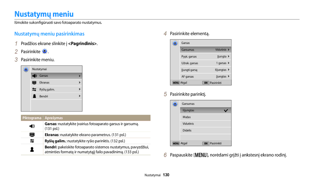 Samsung EC-DV150FBPBE2, EC-DV150FBPWE2 manual Nustatymų meniu pasirinkimas, Pasirinkite elementą 