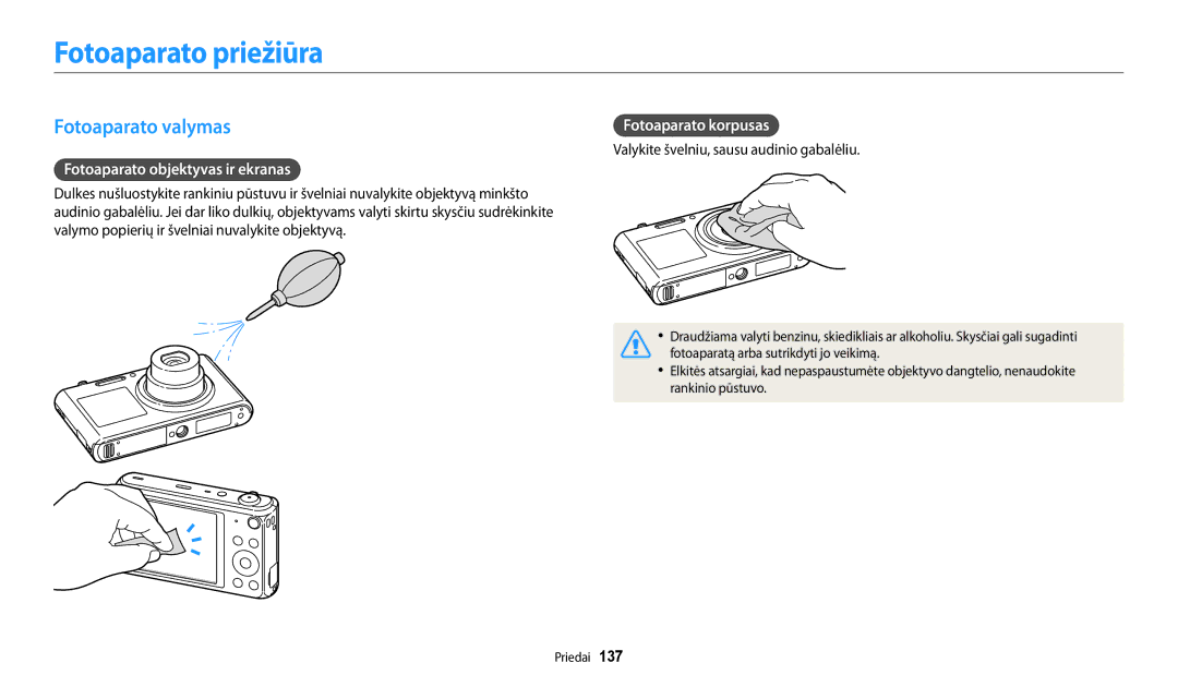 Samsung EC-DV150FBPWE2 Fotoaparato priežiūra, Fotoaparato valymas, Fotoaparato korpusas, Fotoaparato objektyvas ir ekranas 