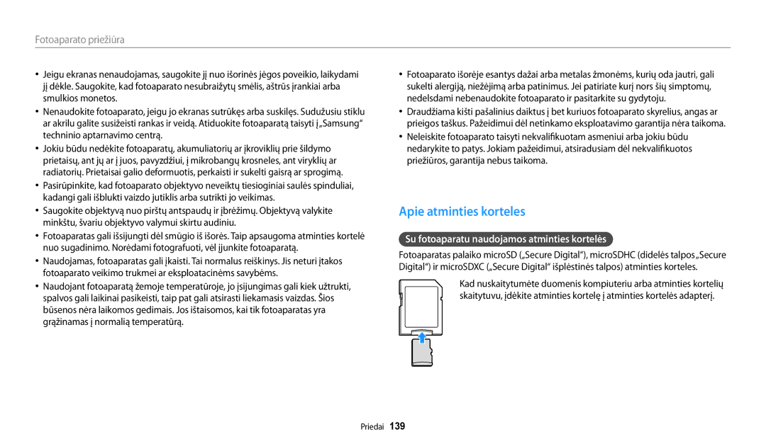 Samsung EC-DV150FBPWE2, EC-DV150FBPBE2 manual Apie atminties korteles, Su fotoaparatu naudojamos atminties kortelės 