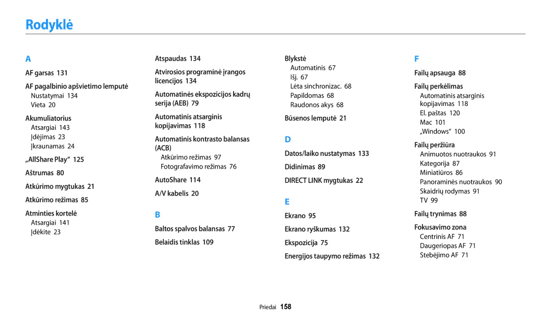 Samsung EC-DV150FBPBE2 manual Rodyklė, Nustatymai Vieta, Automatinis Išj Lėta sinchronizac Papildomas Raudonos akys 