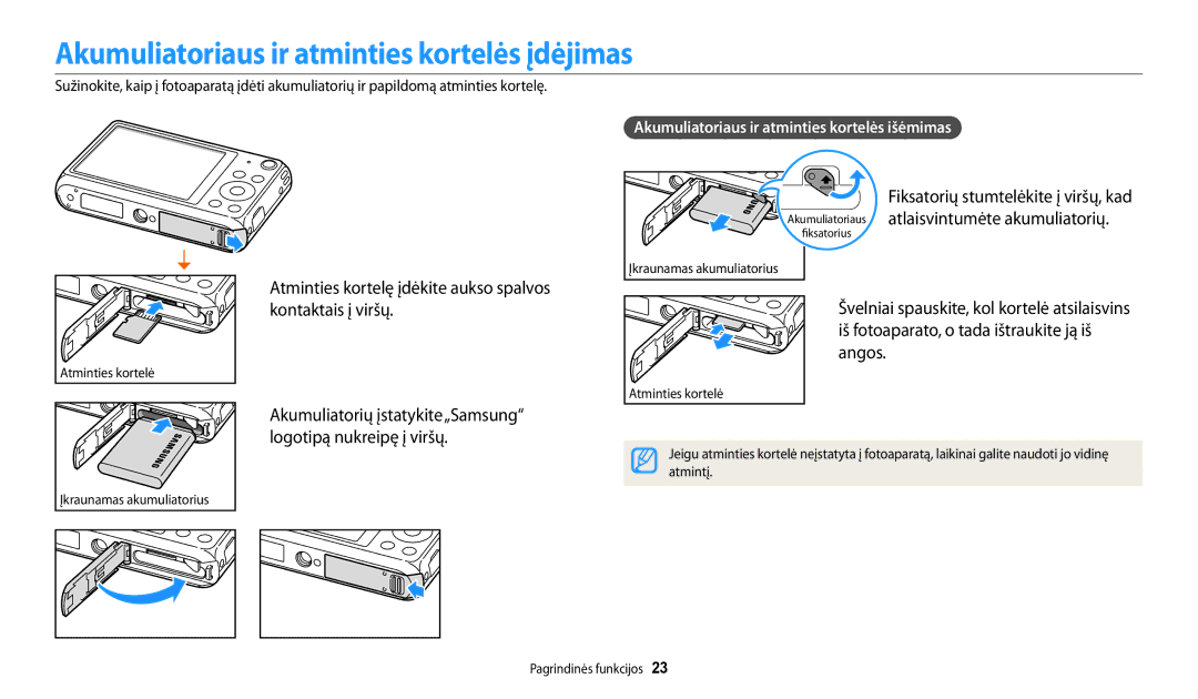 Samsung EC-DV150FBPWE2 Akumuliatoriaus ir atminties kortelės įdėjimas, Akumuliatoriaus ir atminties kortelės išėmimas 