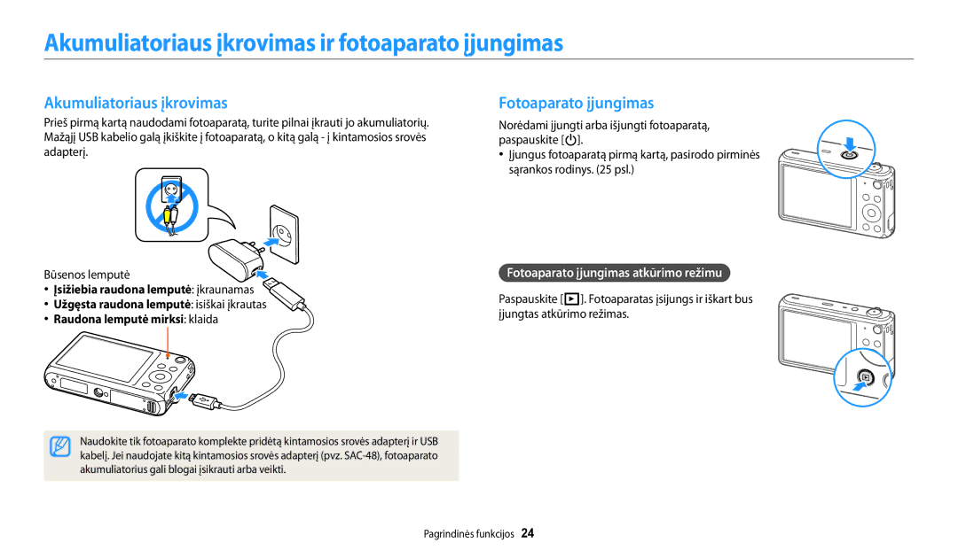 Samsung EC-DV150FBPBE2, EC-DV150FBPWE2 manual Akumuliatoriaus įkrovimas ir fotoaparato įjungimas, Fotoaparato įjungimas 