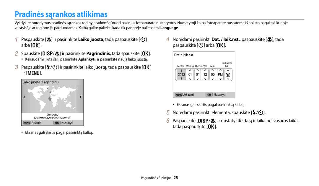 Samsung EC-DV150FBPWE2, EC-DV150FBPBE2 manual Pradinės sąrankos atlikimas, Ekranas gali skirtis pagal pasirinktą kalbą 