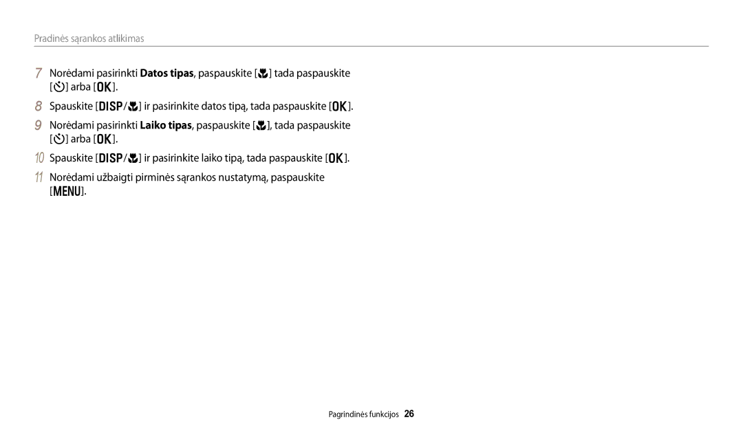 Samsung EC-DV150FBPBE2, EC-DV150FBPWE2 manual Pradinės sąrankos atlikimas 