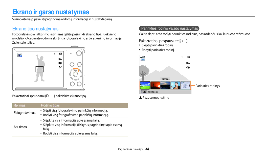 Samsung EC-DV150FBPBE2, EC-DV150FBPWE2 manual Ekrano ir garso nustatymas, Ekrano tipo nustatymas, Pakartotinai paspauskite o 