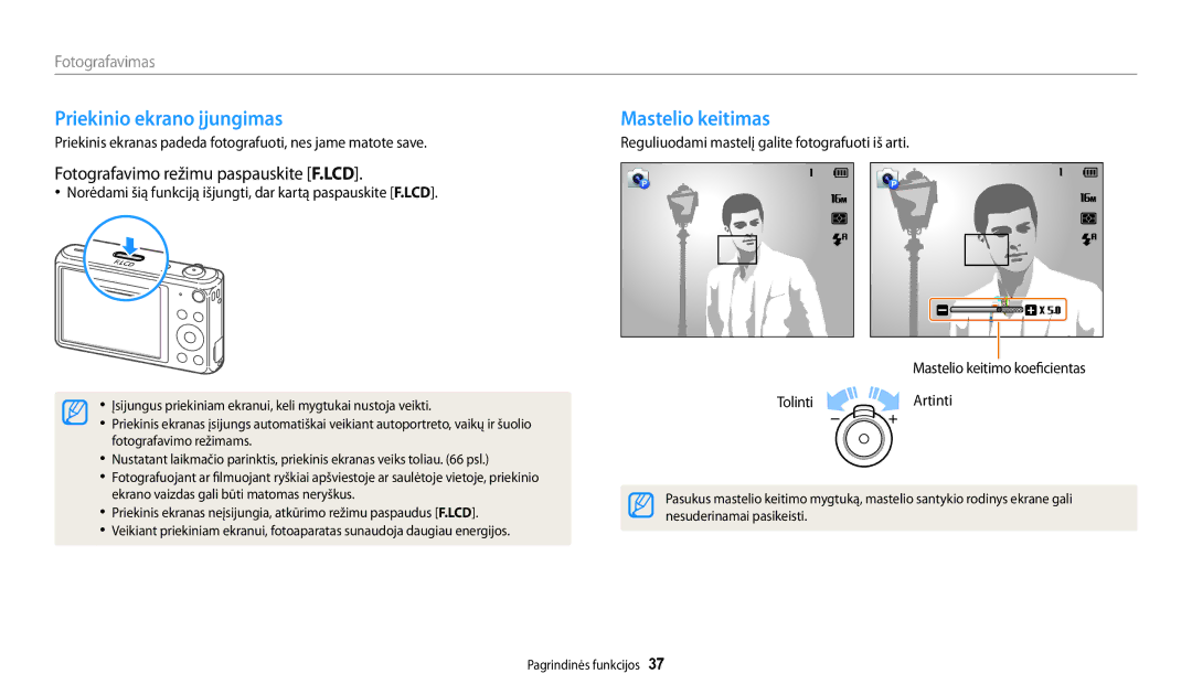 Samsung EC-DV150FBPWE2 manual Priekinio ekrano įjungimas, Mastelio keitimas, Fotografavimo režimu paspauskite F.LCD 